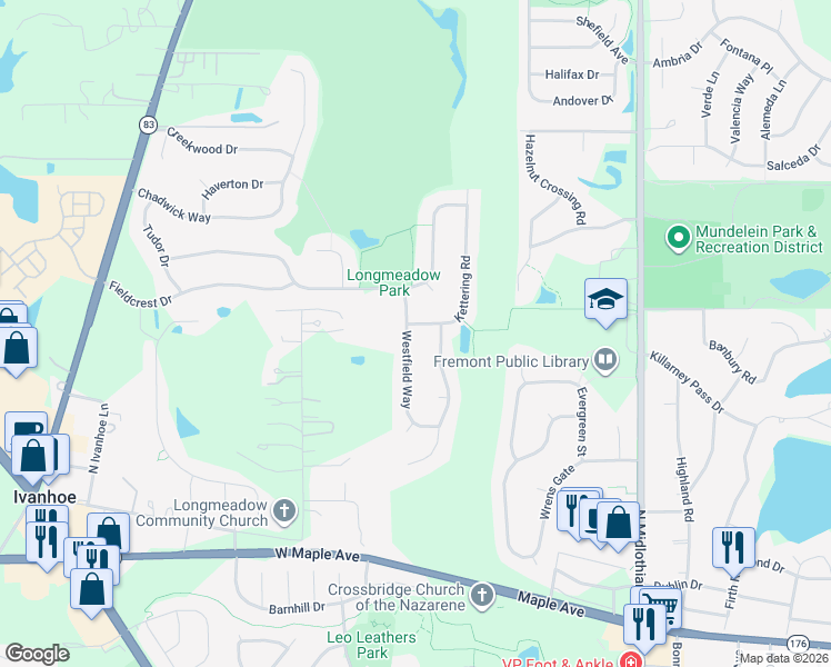 map of restaurants, bars, coffee shops, grocery stores, and more near 1301 Kettering Road in Mundelein
