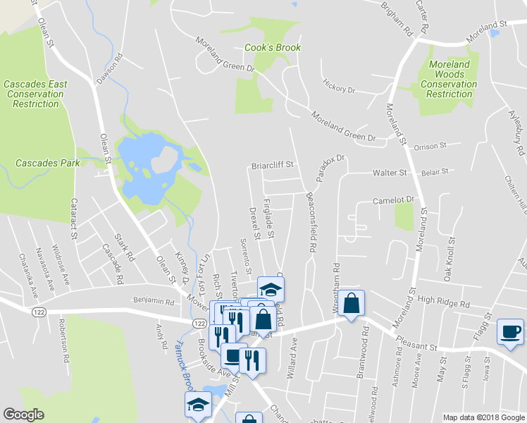 map of restaurants, bars, coffee shops, grocery stores, and more near 29 Firglade Street in Worcester