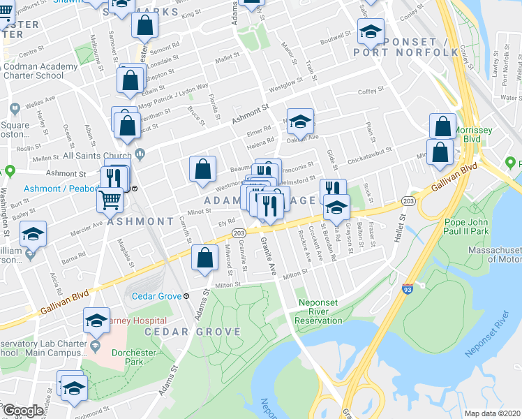map of restaurants, bars, coffee shops, grocery stores, and more near 182 Minot Street in Boston