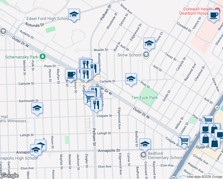 map of restaurants, bars, coffee shops, grocery stores, and more near 22291 West Outer Drive in Dearborn