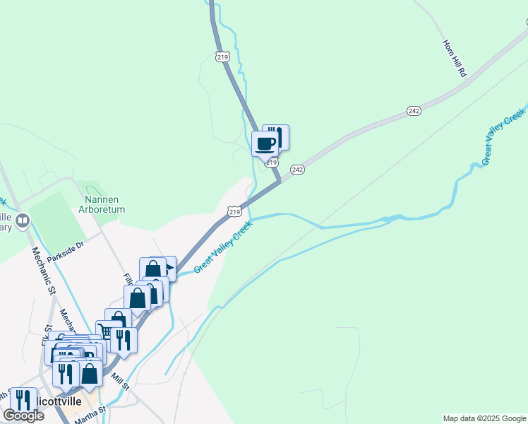 map of restaurants, bars, coffee shops, grocery stores, and more near 6331 New York 242 in Ellicottville