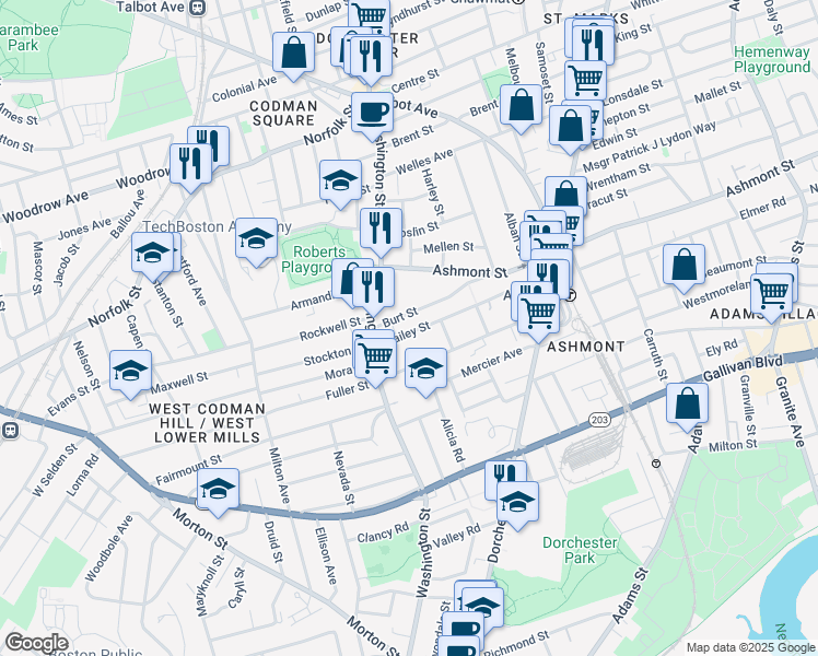 map of restaurants, bars, coffee shops, grocery stores, and more near 18 Bailey Street in Boston