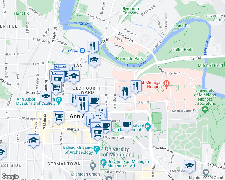 map of restaurants, bars, coffee shops, grocery stores, and more near 311 North Ingalls Street in Ann Arbor