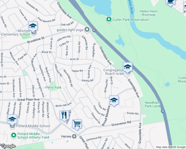 map of restaurants, bars, coffee shops, grocery stores, and more near 25 Aletha Rd in Needham