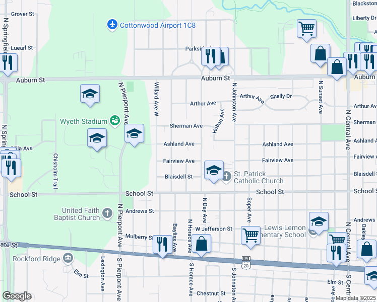 map of restaurants, bars, coffee shops, grocery stores, and more near 2726 Ashland Court in Rockford