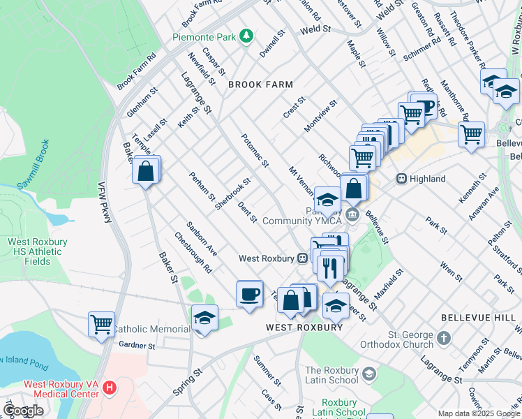 map of restaurants, bars, coffee shops, grocery stores, and more near 93-95 Dent Street in Boston