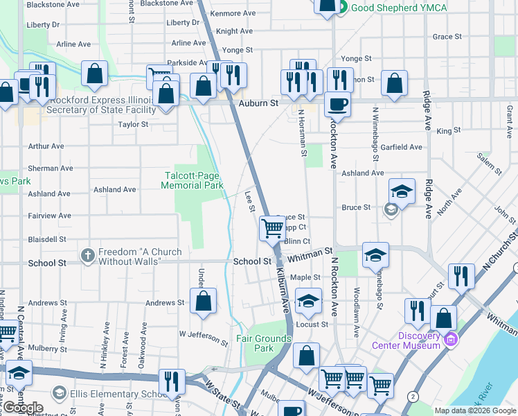 map of restaurants, bars, coffee shops, grocery stores, and more near 1030 Kilburn Avenue in Rockford