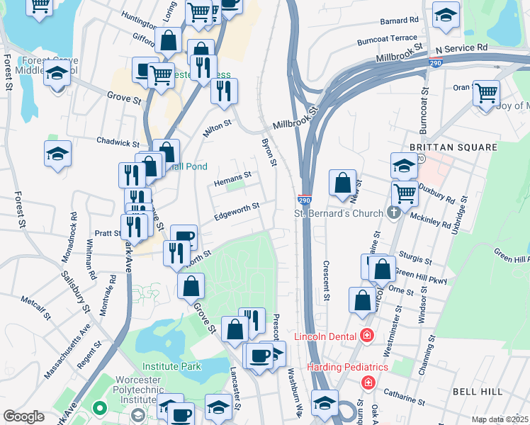 map of restaurants, bars, coffee shops, grocery stores, and more near 16 Sigourney St in Worcester