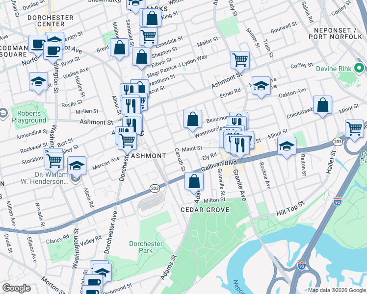 map of restaurants, bars, coffee shops, grocery stores, and more near 287 Minot Street in Boston