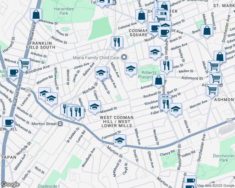 map of restaurants, bars, coffee shops, grocery stores, and more near 88 Thetford Avenue in Boston