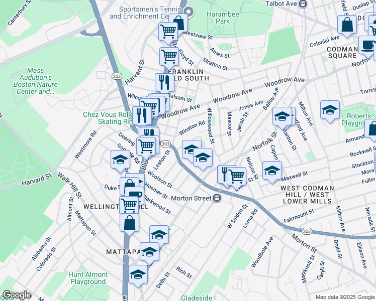 map of restaurants, bars, coffee shops, grocery stores, and more near 37 Wildwood Street in Boston