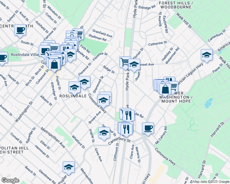 map of restaurants, bars, coffee shops, grocery stores, and more near 119 Brown Avenue in Boston