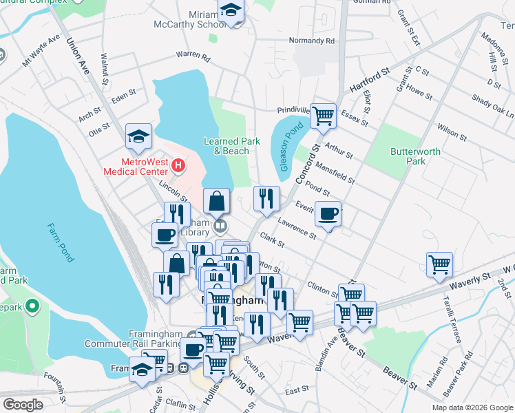 map of restaurants, bars, coffee shops, grocery stores, and more near 21 Elizabeth Circle in Framingham