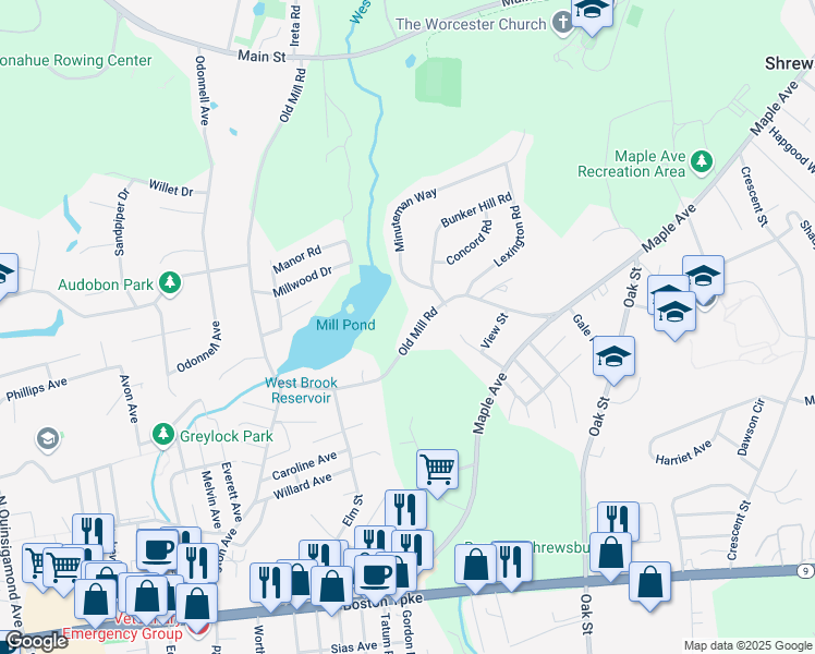 map of restaurants, bars, coffee shops, grocery stores, and more near 203 Old Mill Road in Shrewsbury