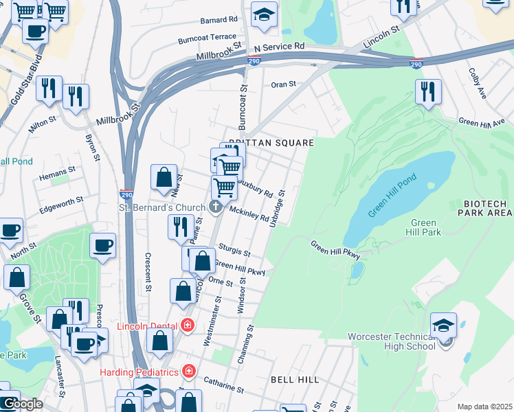 map of restaurants, bars, coffee shops, grocery stores, and more near 19 Mckinley Road in Worcester