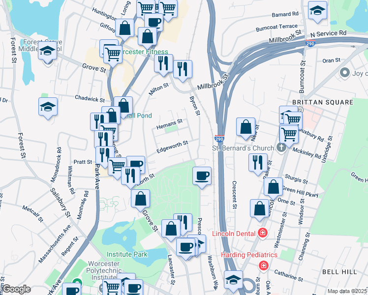 map of restaurants, bars, coffee shops, grocery stores, and more near 16 Sigourney Street in Worcester