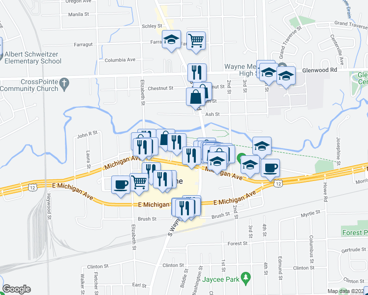map of restaurants, bars, coffee shops, grocery stores, and more near 35200 Sims Street in Wayne