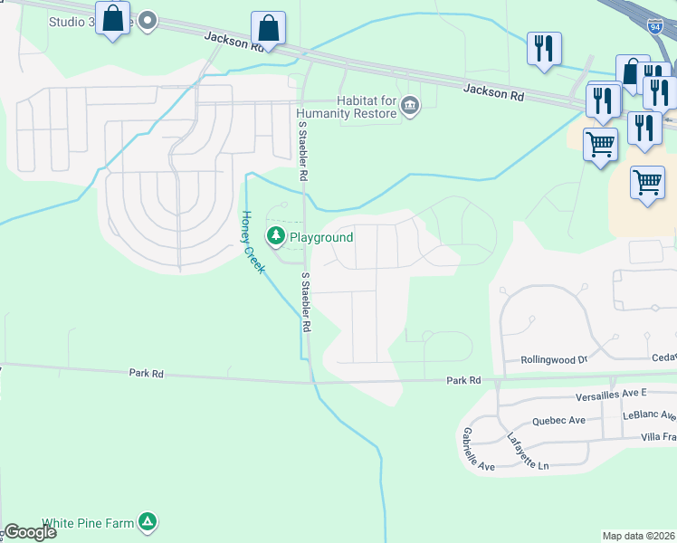 map of restaurants, bars, coffee shops, grocery stores, and more near 6351 South Trailwoods Drive in Ann Arbor