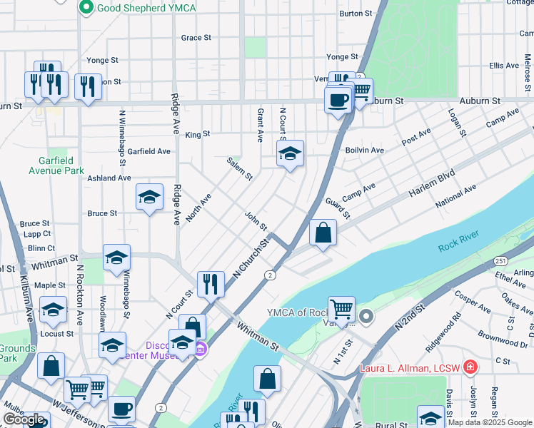 map of restaurants, bars, coffee shops, grocery stores, and more near 415 John Street in Rockford