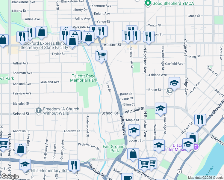 map of restaurants, bars, coffee shops, grocery stores, and more near 1030 Kilburn Avenue in Rockford