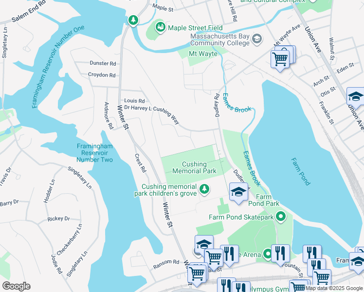 map of restaurants, bars, coffee shops, grocery stores, and more near 300 West Farm Pond Road in Framingham