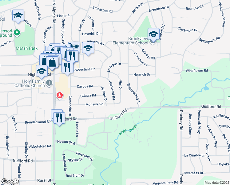 map of restaurants, bars, coffee shops, grocery stores, and more near 5110 Highcrest Road in Rockford