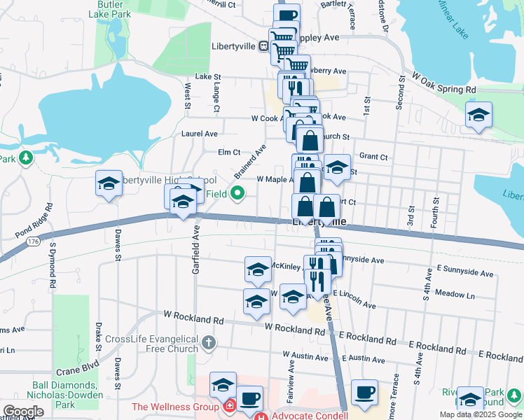 map of restaurants, bars, coffee shops, grocery stores, and more near 112 Douglas Avenue in Libertyville
