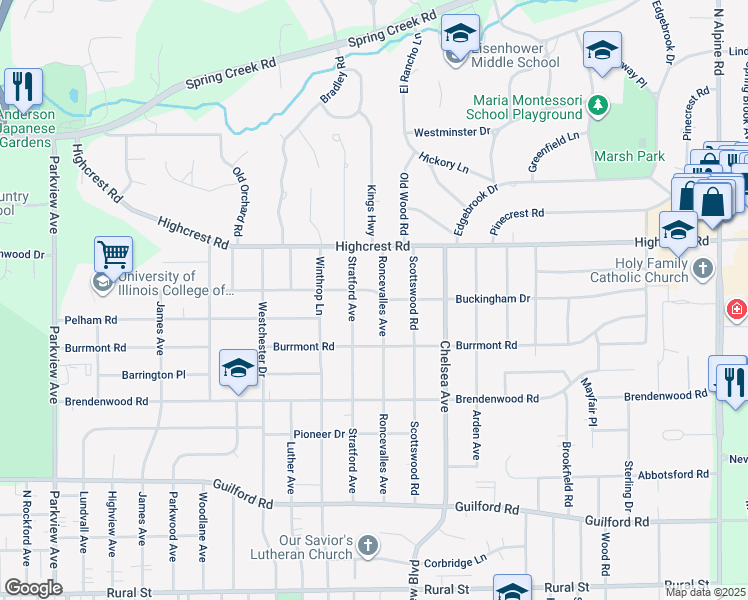 map of restaurants, bars, coffee shops, grocery stores, and more near 3349 Buckingham Drive in Rockford
