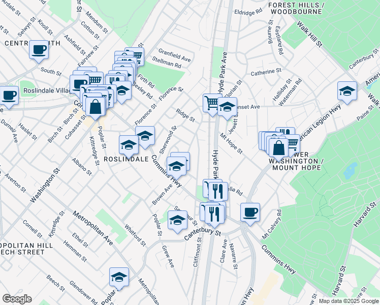 map of restaurants, bars, coffee shops, grocery stores, and more near 119 Brown Avenue in Boston