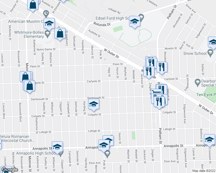 map of restaurants, bars, coffee shops, grocery stores, and more near 3736 Hipp Street in Dearborn
