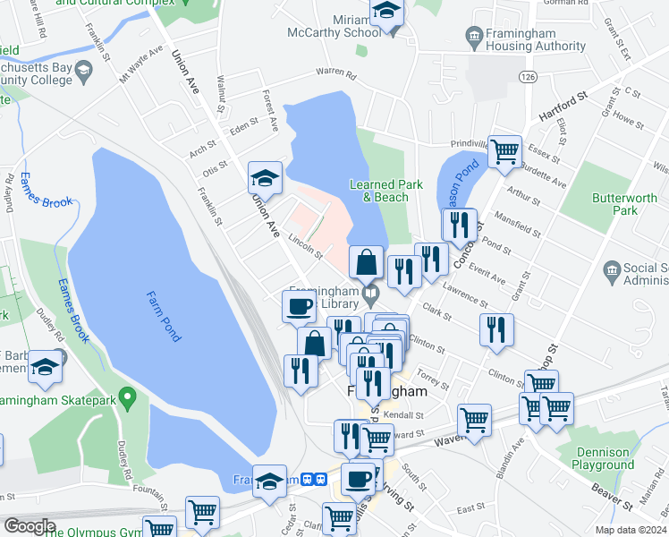 map of restaurants, bars, coffee shops, grocery stores, and more near 91 Lincoln Street in Framingham