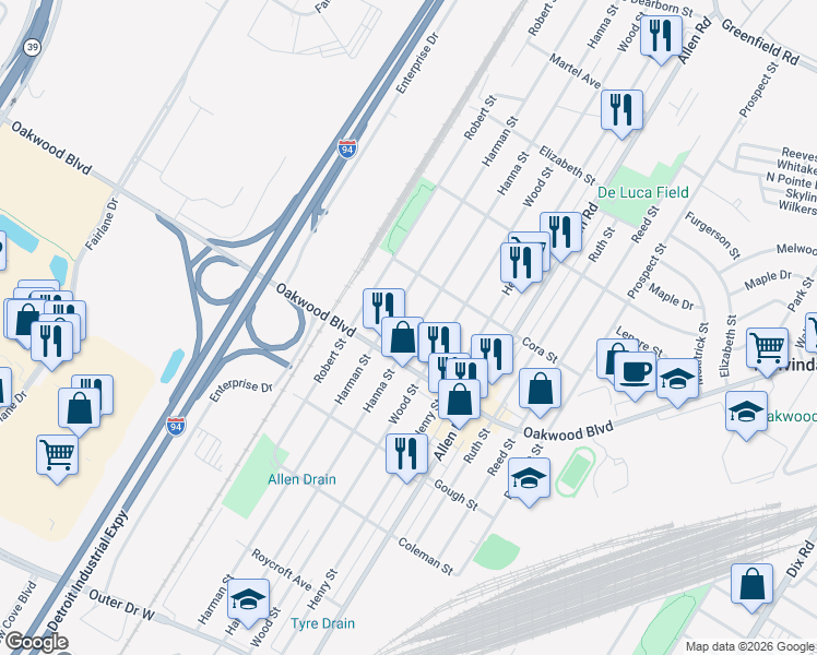 map of restaurants, bars, coffee shops, grocery stores, and more near 18300 Hanna Street in Melvindale
