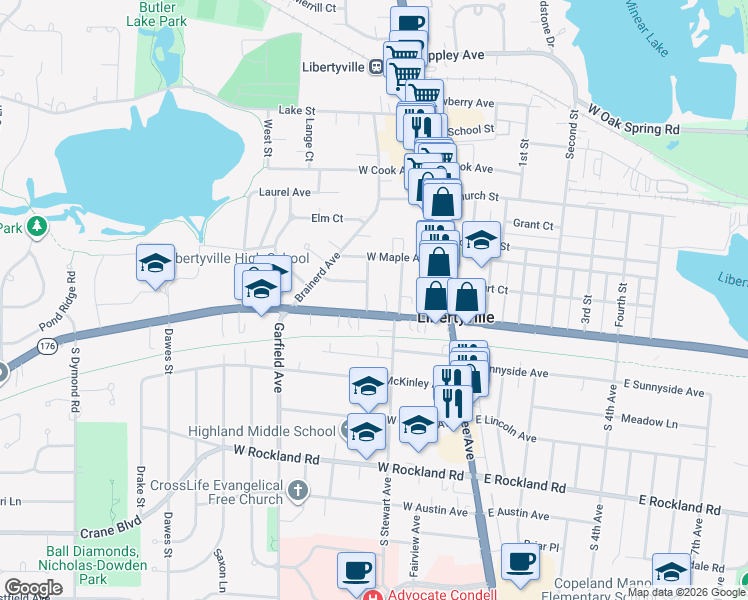 map of restaurants, bars, coffee shops, grocery stores, and more near 112 Douglas Avenue in Libertyville