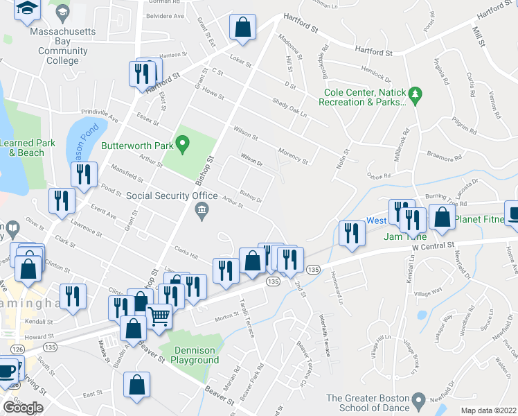 map of restaurants, bars, coffee shops, grocery stores, and more near 219 Bishop Drive in Framingham
