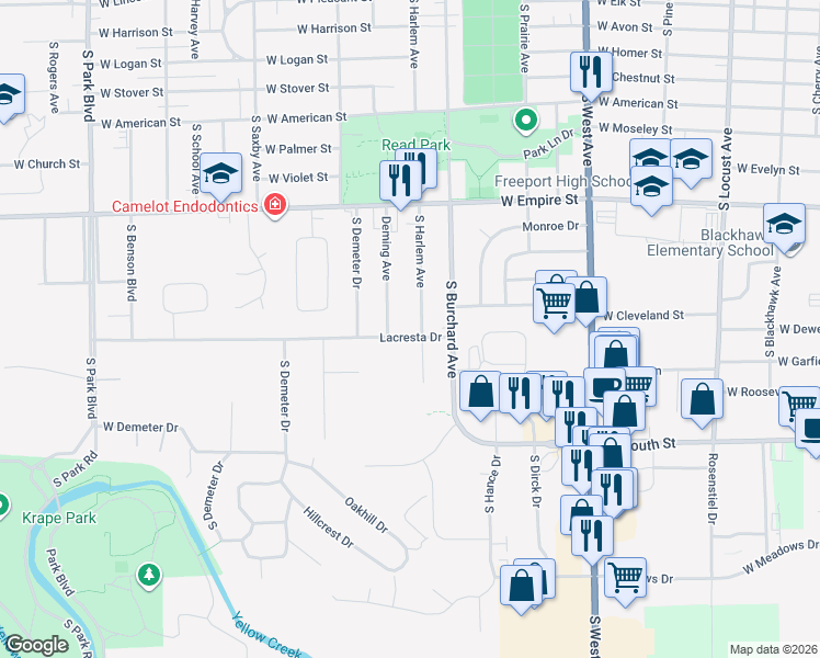 map of restaurants, bars, coffee shops, grocery stores, and more near 1108 Lacresta Drive in Freeport