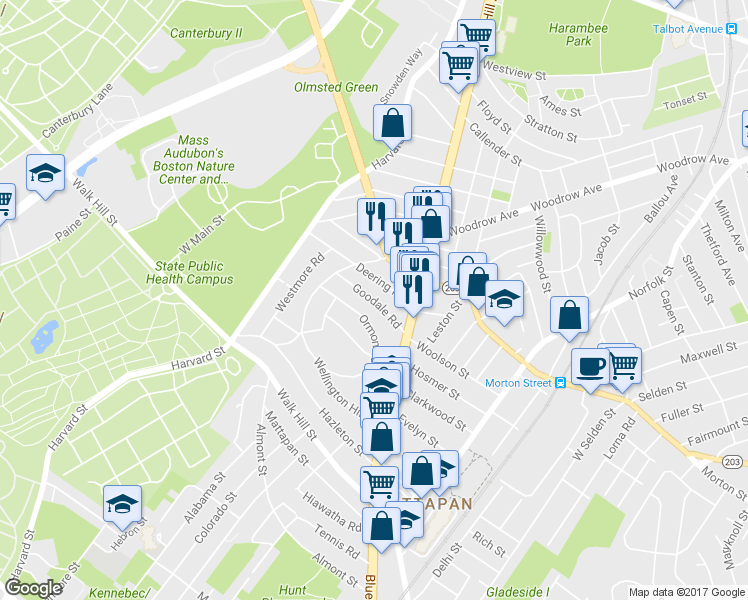 map of restaurants, bars, coffee shops, grocery stores, and more near Goodale Road in Boston