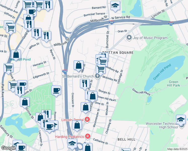 map of restaurants, bars, coffee shops, grocery stores, and more near 6 Harlow Street in Worcester