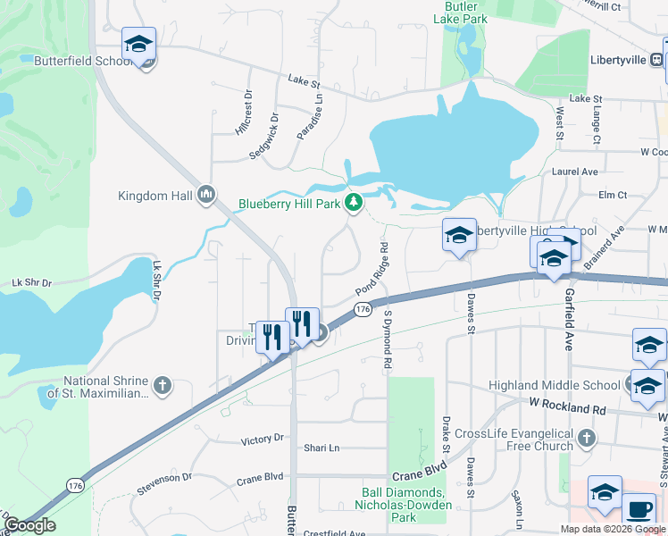 map of restaurants, bars, coffee shops, grocery stores, and more near 161 Acorn Lane in Libertyville