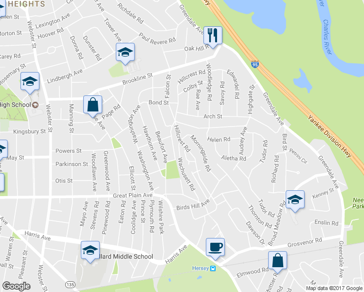 map of restaurants, bars, coffee shops, grocery stores, and more near 230 Hillcrest Road in Needham
