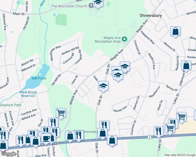 map of restaurants, bars, coffee shops, grocery stores, and more near 14 Gale Avenue in Shrewsbury