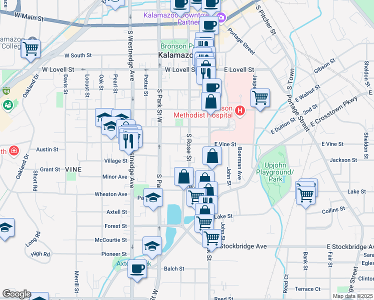 map of restaurants, bars, coffee shops, grocery stores, and more near 218 Rose Parkway in Kalamazoo