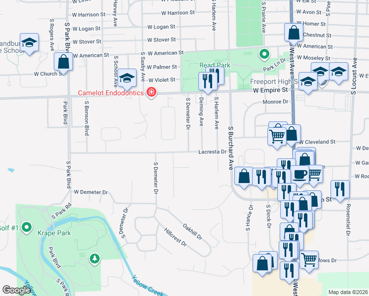 map of restaurants, bars, coffee shops, grocery stores, and more near 1208 Lacresta Drive in Freeport