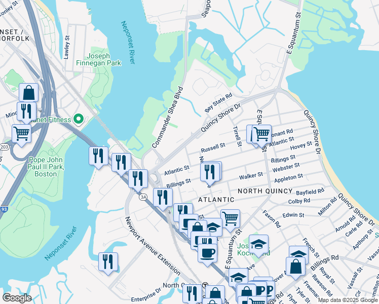 map of restaurants, bars, coffee shops, grocery stores, and more near 2 Russell Street in Quincy