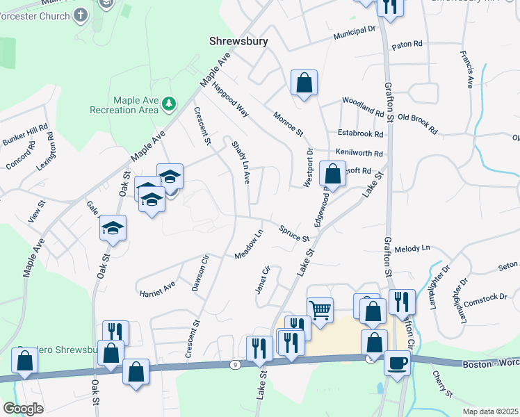 map of restaurants, bars, coffee shops, grocery stores, and more near 40 Spruce Street in Shrewsbury