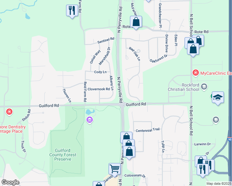 map of restaurants, bars, coffee shops, grocery stores, and more near 1349 Albany Lane in Rockford