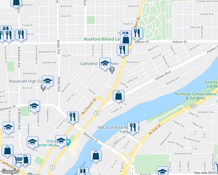 map of restaurants, bars, coffee shops, grocery stores, and more near 314 Salem Street in Rockford