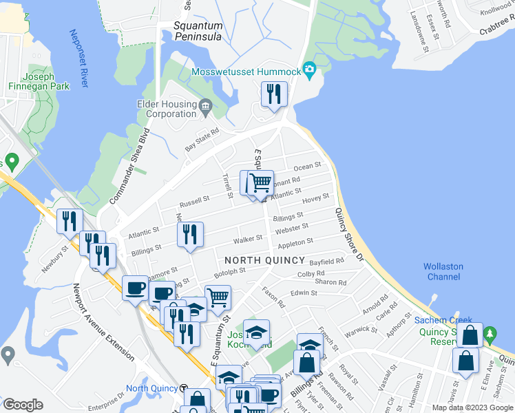 map of restaurants, bars, coffee shops, grocery stores, and more near 239 Atlantic Street in Quincy