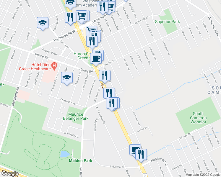 map of restaurants, bars, coffee shops, grocery stores, and more near 1800 Huron Church Road in Windsor