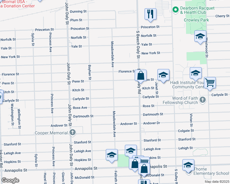 map of restaurants, bars, coffee shops, grocery stores, and more near 3631 Meadowdale Street in Inkster