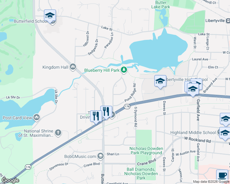 map of restaurants, bars, coffee shops, grocery stores, and more near 161 Acorn Lane in Libertyville
